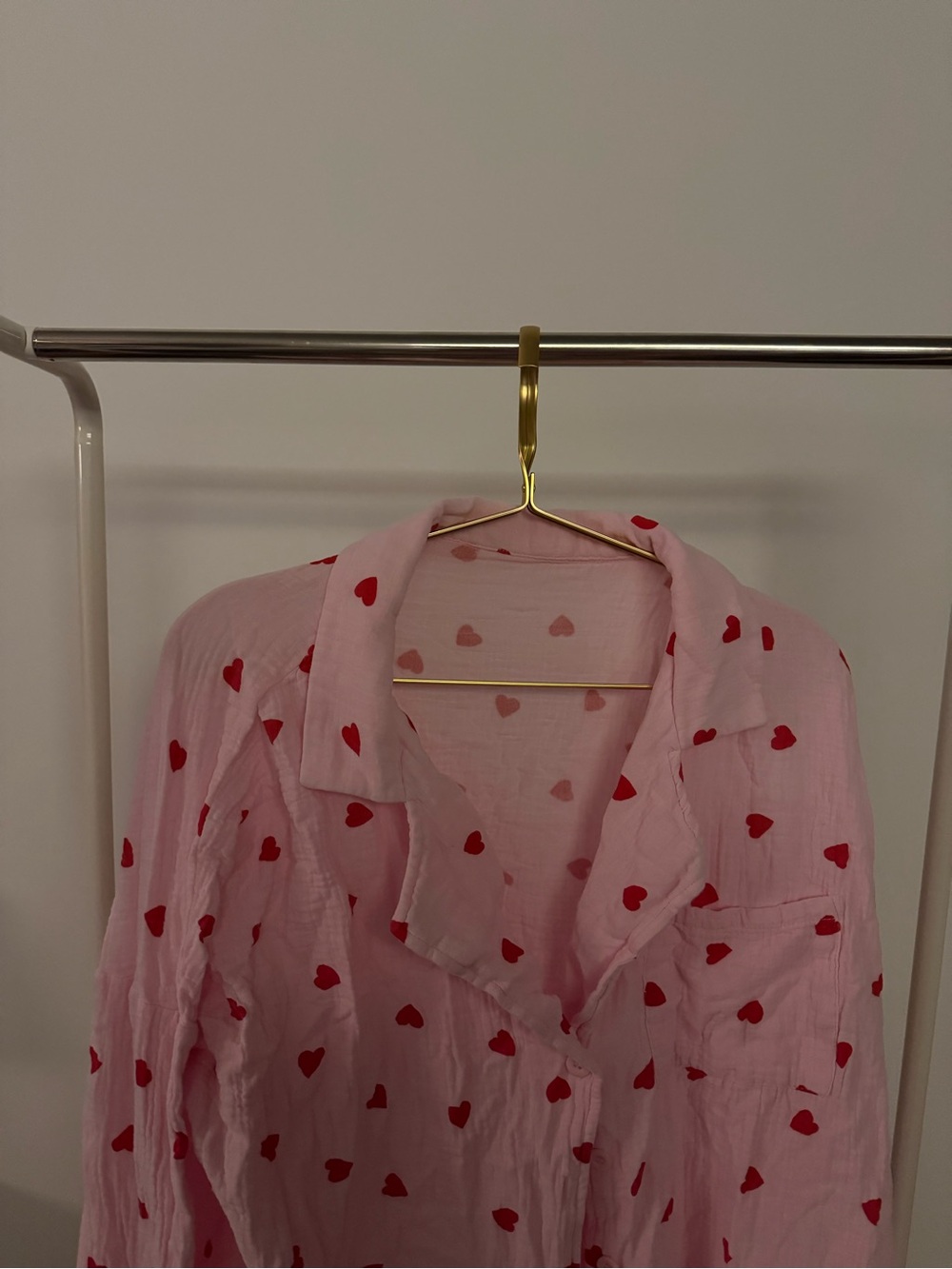 Pink Heart Print Button-Up Pajama Set